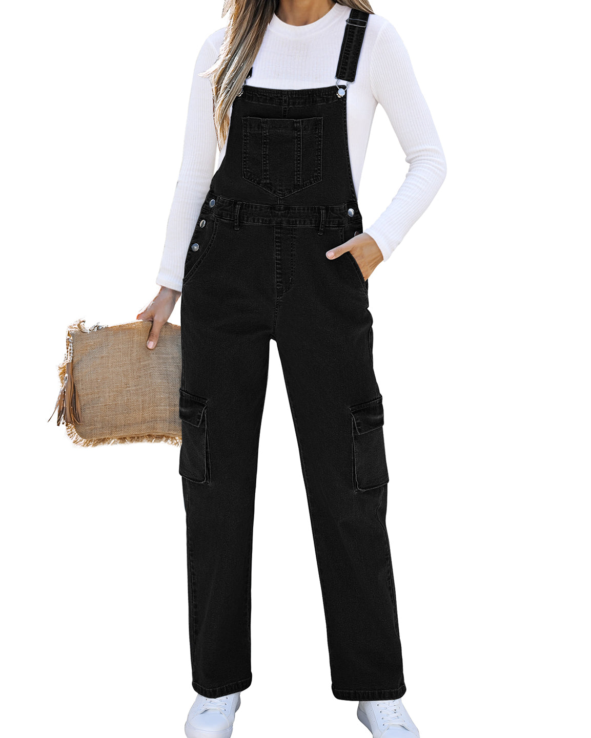 ButterWeave Women's 80s Trendy Cargo Denim Wide Leg Overalls Loose Fit Stretchy Utility Bib Jumpsuit