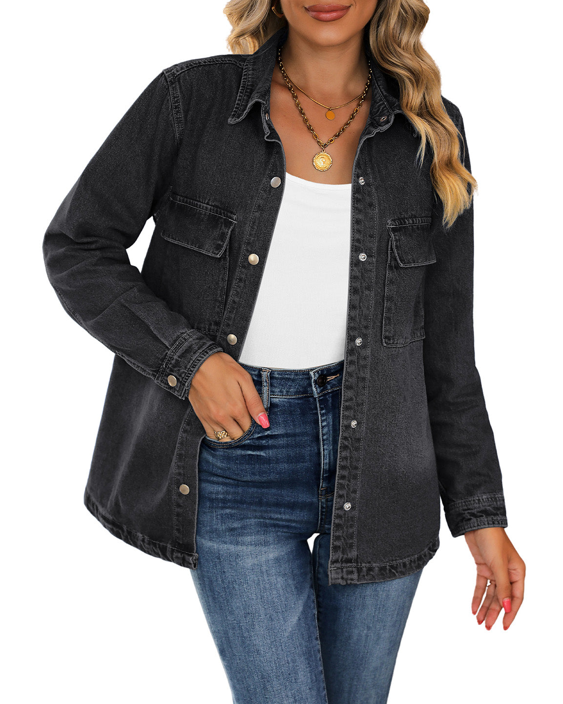 ButterWeave Women's Spring Oversized Denim Button Shacket Western Jean Jackets with Pockets