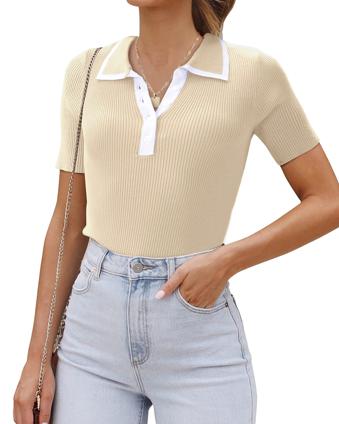 ButterWeave Blouses for Women Summer Knit Color Block Polo Shirts Trendy Casual Button Up Short Sleeve Tops