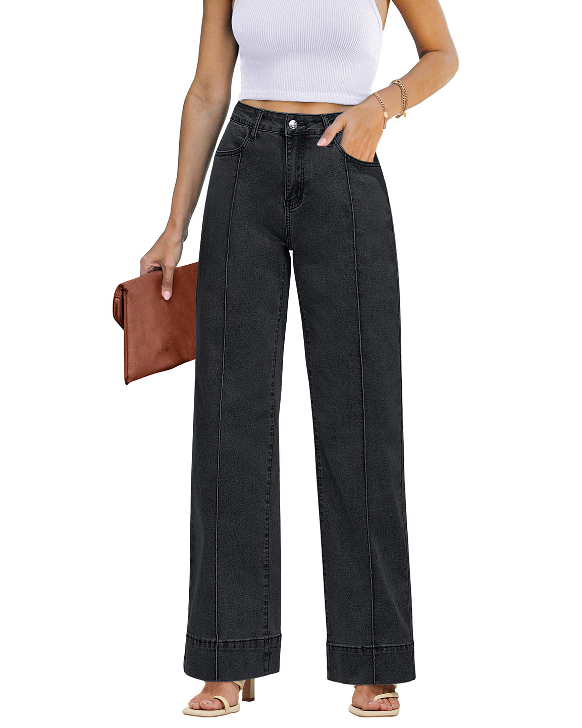 ButterWeave Women's Trendy High Waisted Stretchy Wide Leg Baggy Jeans Casual Straight Fit Denim Pants