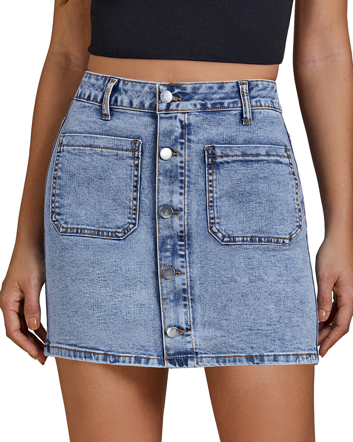 ButterWeave Women's Stretchy High Rise Trendy Button Front Denim Mini Pencil Skirts with Pockets