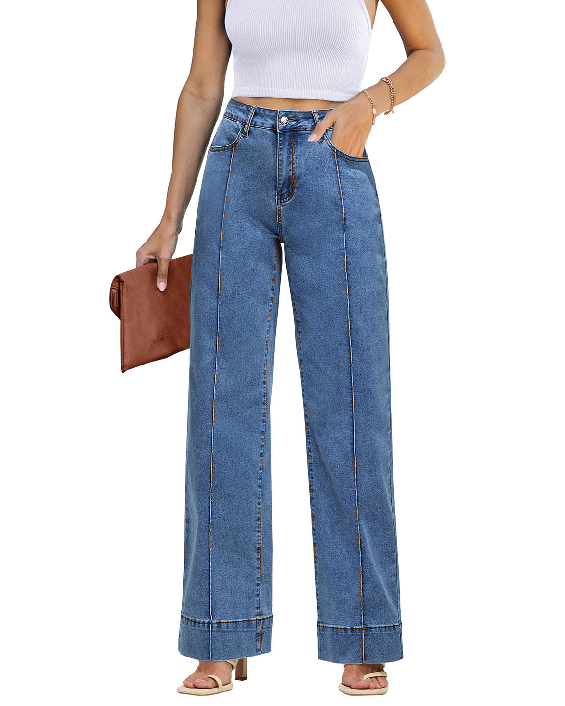ButterWeave Women's Trendy High Waisted Stretchy Wide Leg Baggy Jeans Casual Straight Fit Denim Pants