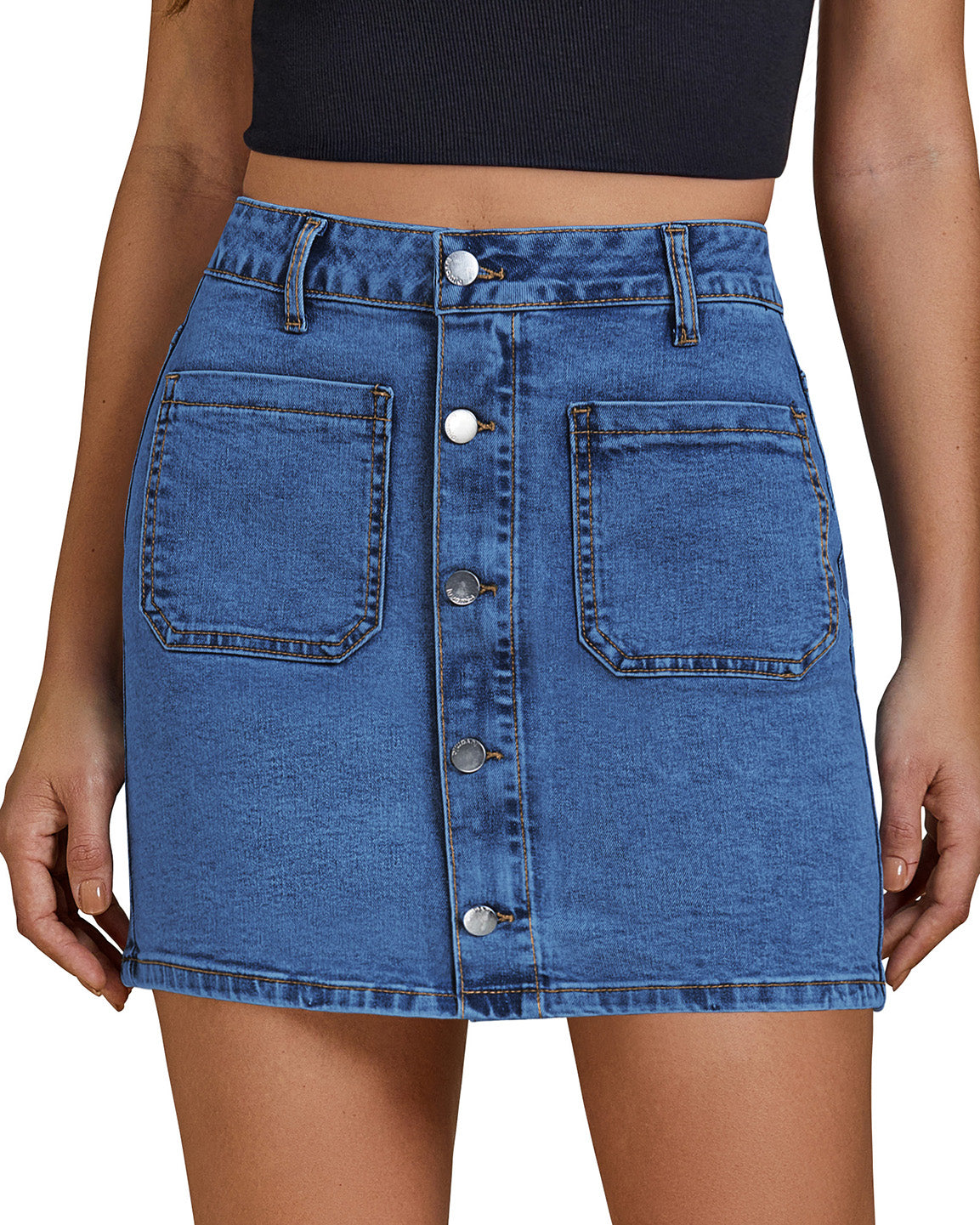 ButterWeave Women's Stretchy High Rise Trendy Button Front Denim Mini Pencil Skirts with Pockets