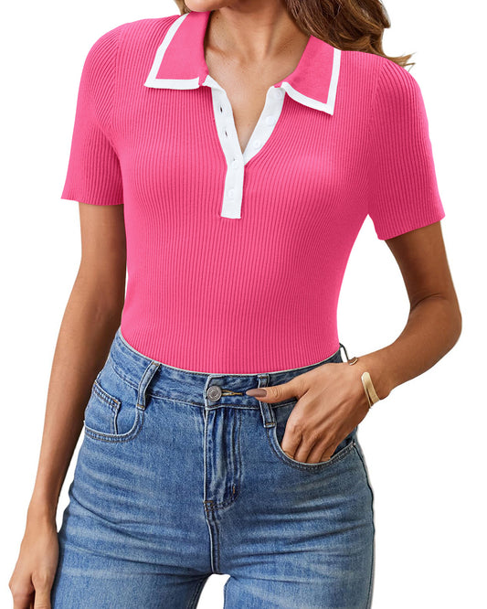 ButterWeave Blouses for Women Summer Knit Color Block Polo Shirts Trendy Casual Button Up Short Sleeve Tops