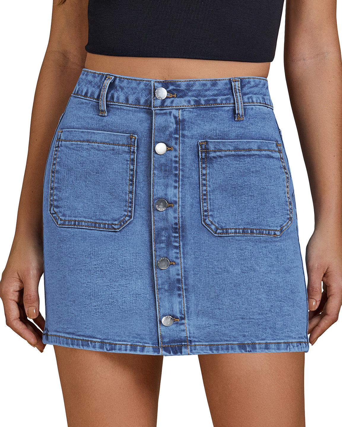 ButterWeave Women's Stretchy High Rise Trendy Button Front Denim Mini Pencil Skirts with Pockets