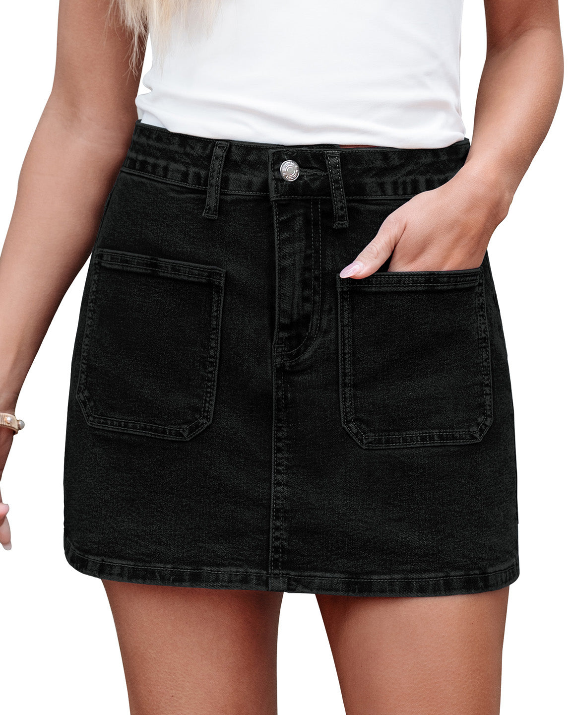 ButterWeave Women's Fashionable High Rise Stretchy Sexy Mini Denim Skorts with Patch Pockets