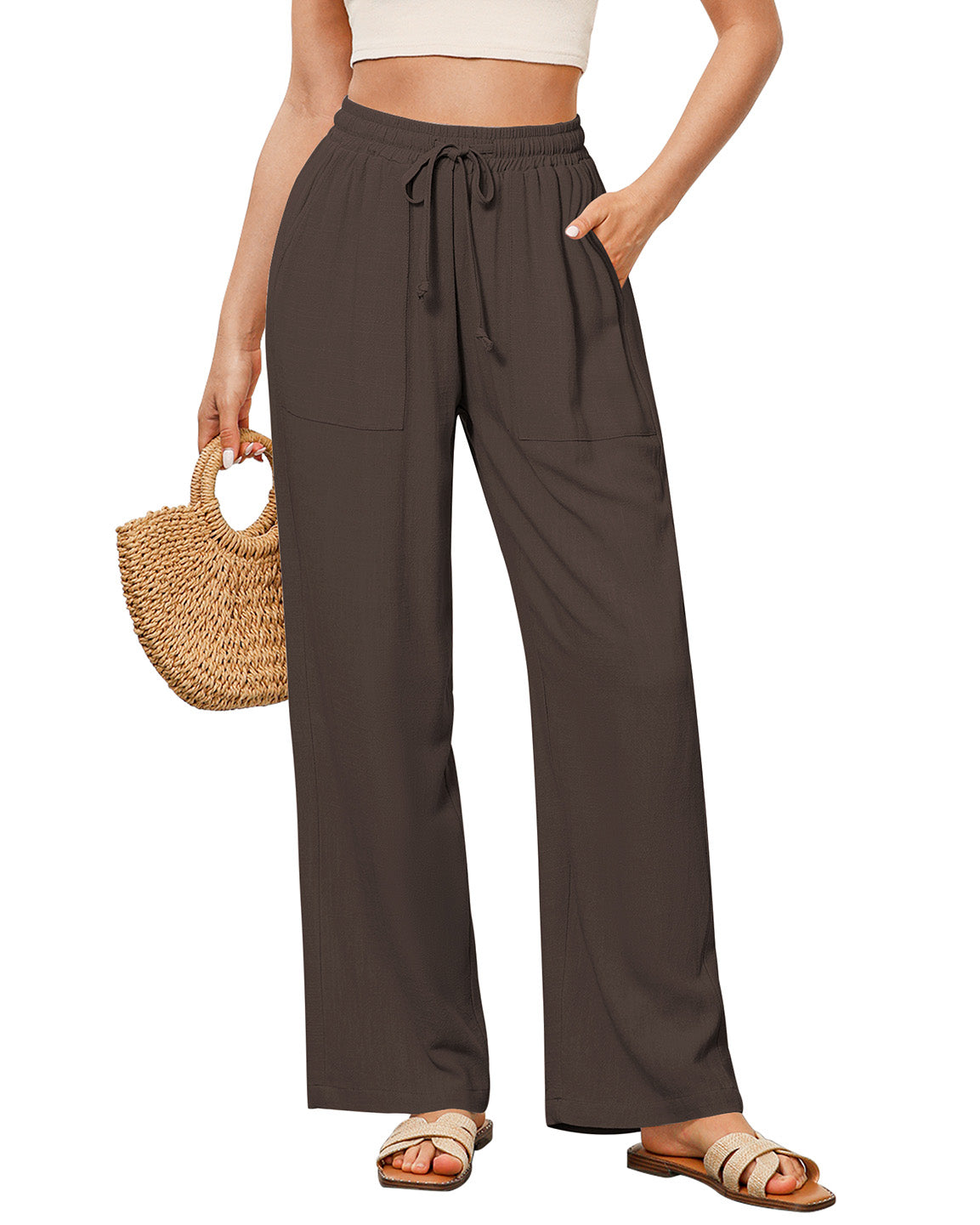 ButterWeave Wide Leg Pants for Women High Waisted Summer Casual Drawstring Linen Trousers with Pockets