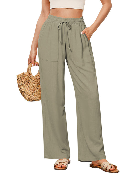 ButterWeave Wide Leg Pants for Women High Waisted Summer Casual Drawstring Linen Trousers with Pockets