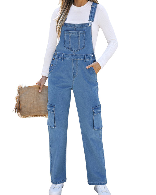 ButterWeave  Women's 80s Trendy Cargo Denim Wide Leg Overalls Loose Fit Stretchy Utility Bib Jumpsuit