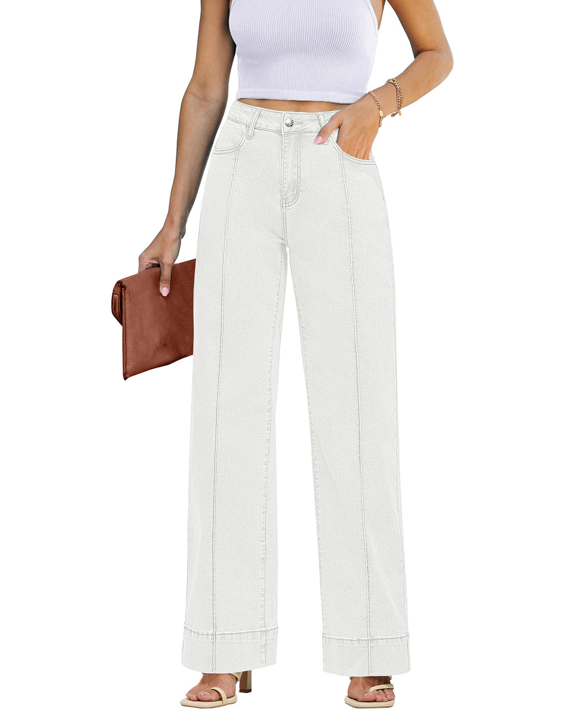 ButterWeave Women's Trendy High Waisted Stretchy Wide Leg Baggy Jeans Casual Straight Fit Denim Pants