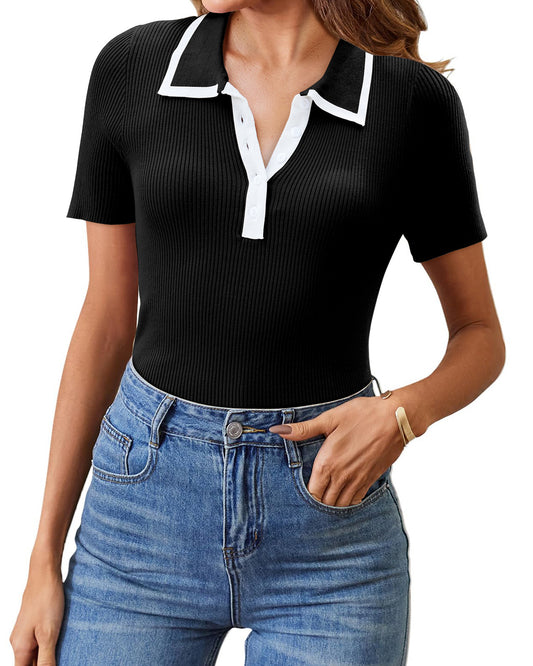 ButterWeave Blouses for Women Summer Knit Color Block Polo Shirts Trendy Casual Button Up Short Sleeve Tops