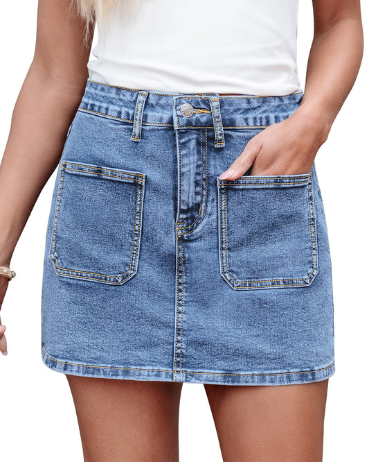 ButterWeave Women's Fashionable High Rise Stretchy Sexy Mini Denim Skorts with Patch Pockets
